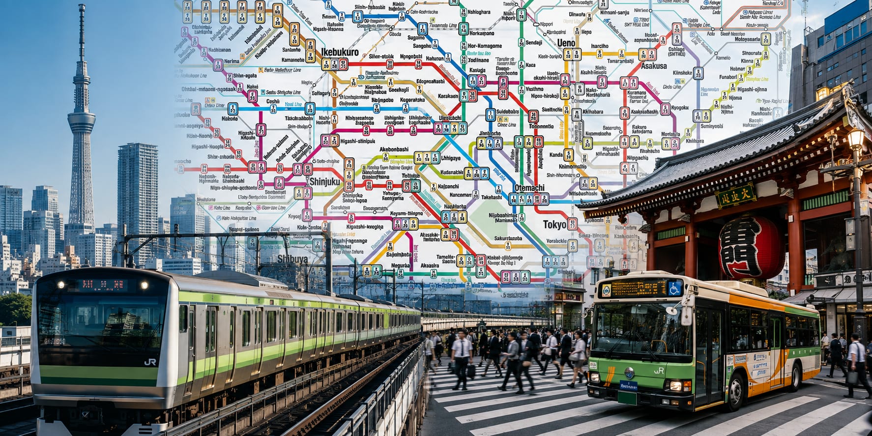Tokyo subway system map overlaid on a train platform, with Asakusa's Kaminarimon gate and Tokyo Tower in the background